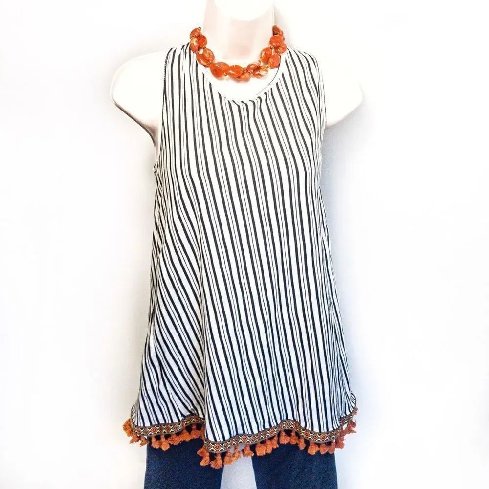 Anthropologie W5 Striped Tunic Tank Fringed Sz L Plus Necklace